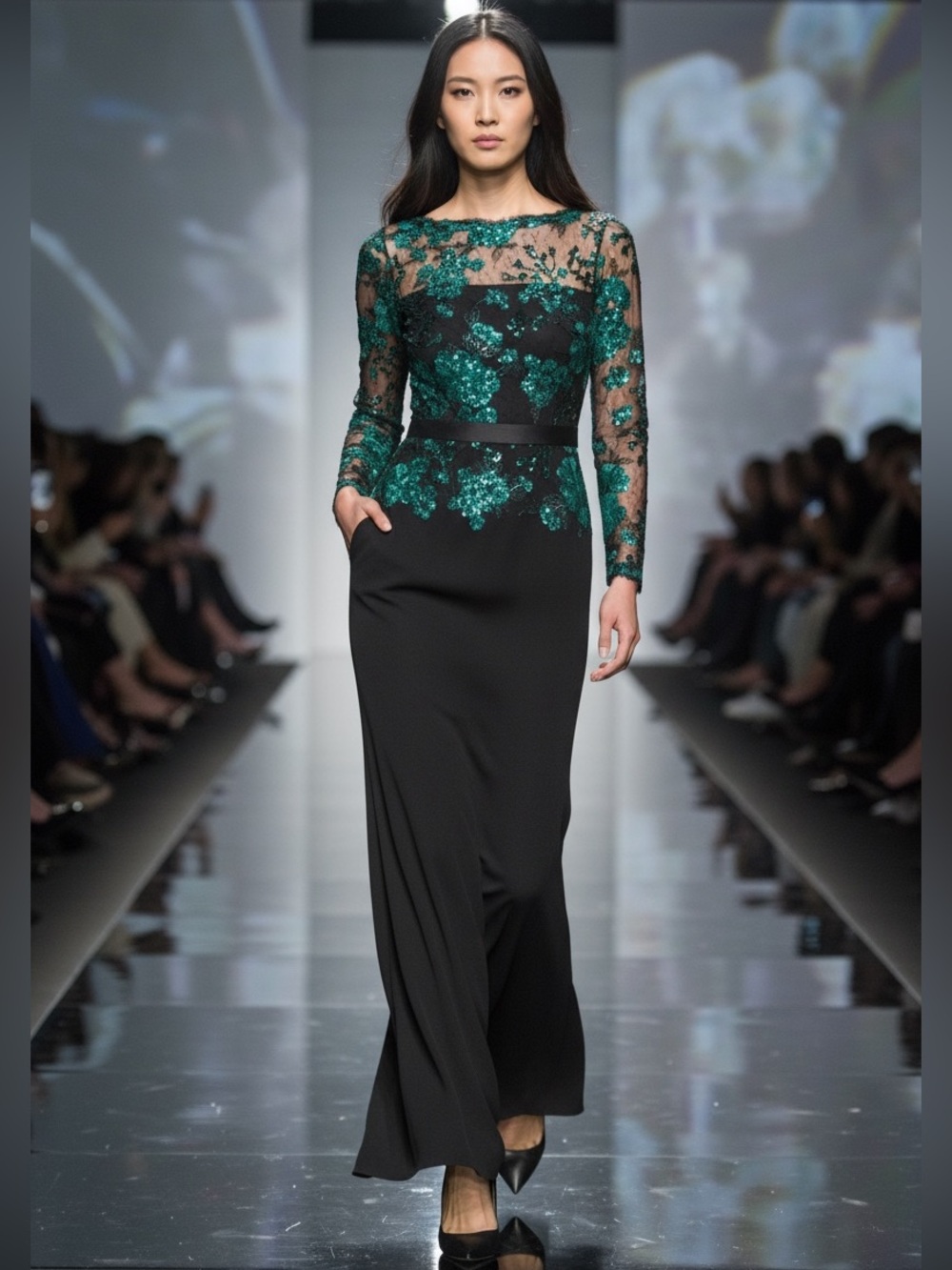 Tadashi Shoji Beacon Embroidered Illusion Lace Bodice Gown Maxi Dress NWOT $478 - Picture 8 of 13
